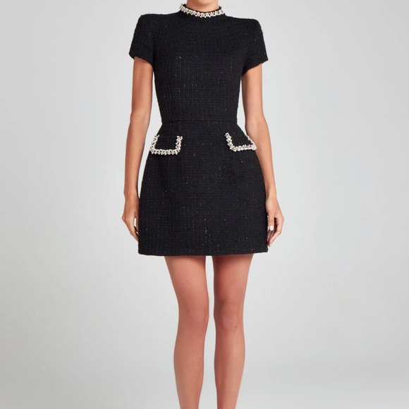 NADINE MERABI Dresses & Skirts - NADINE MERABI Black Tweed Mini Dress with Pearl Trim